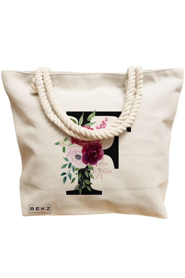 Geanta Canvas Tote pentru femei, Cu litera F si Trandafiri, 40x51 cm, Bej, BEKZ® 12 Cu litera F si Trandafiri