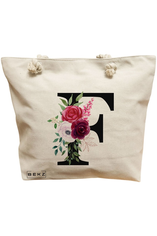 Geanta Canvas Tote pentru femei, Cu litera F si Trandafiri, 40x51 cm, Bej, BEKZ® 11 Geanta Canvas Tote pentru femei