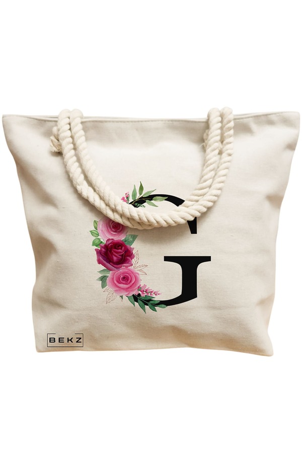Geanta Canvas Tote pentru femei, Cu litera G si Trandafiri, 40x51 cm, Bej, BEKZ® 12 Cu litera G si Trandafiri