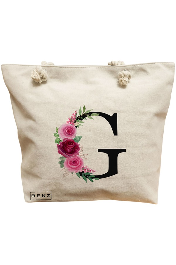 Geanta Canvas Tote pentru femei, Cu litera G si Trandafiri, 40x51 cm, Bej, BEKZ® 11 Geanta Canvas Tote pentru femei
