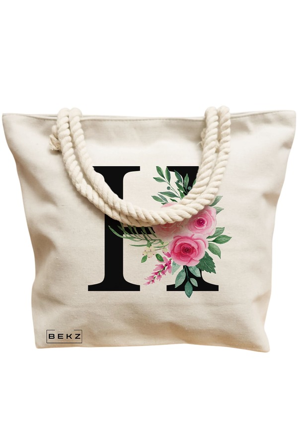 Geanta Canvas Tote pentru femei, Cu litera H si Trandafiri, 40x51 cm, Bej, BEKZ® 12 Cu litera H si Trandafiri