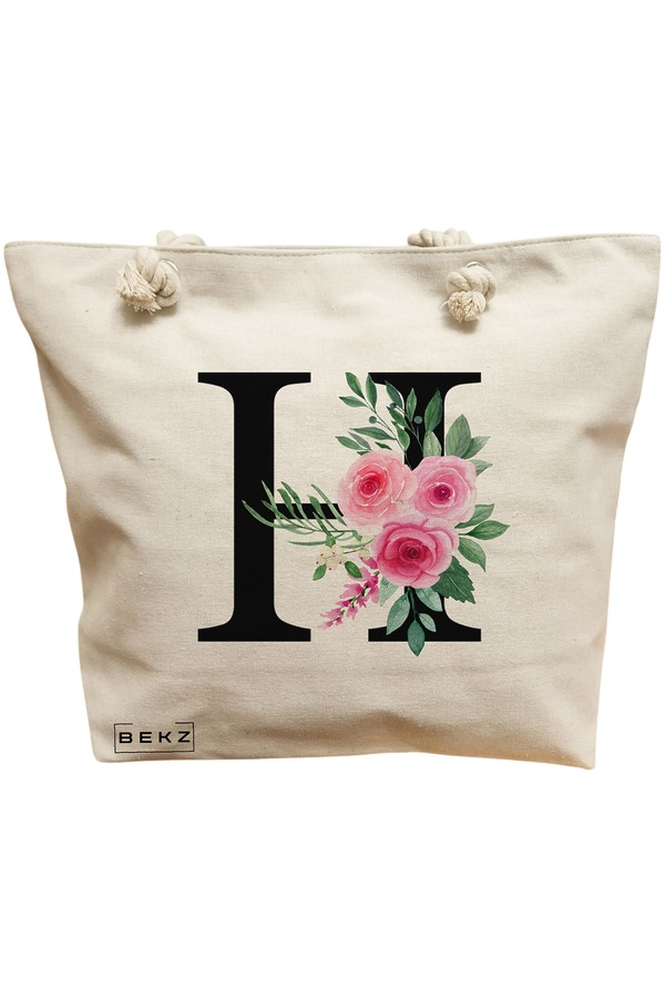 Geanta Canvas Tote pentru femei, Cu litera H si Trandafiri, 40x51 cm, Bej, BEKZ® 11 Geanta Canvas Tote pentru femei