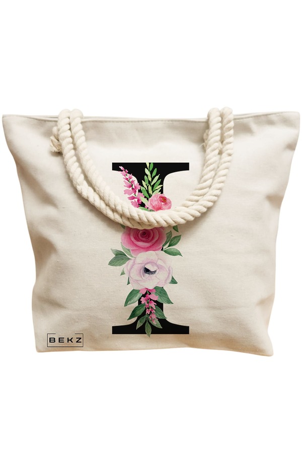 Geanta Canvas Tote pentru femei, Cu litera I si Trandafiri, 40x51 cm, Bej, BEKZ® 12 Cu litera I si Trandafiri
