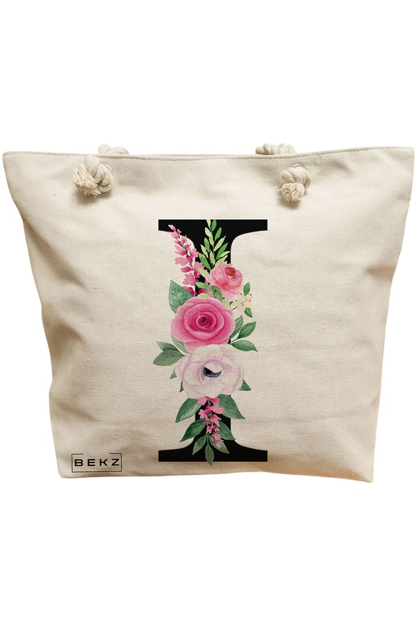 Geanta Canvas Tote pentru femei, Cu litera I si Trandafiri, 40x51 cm, Bej, BEKZ® 11 Geanta Canvas Tote pentru femei