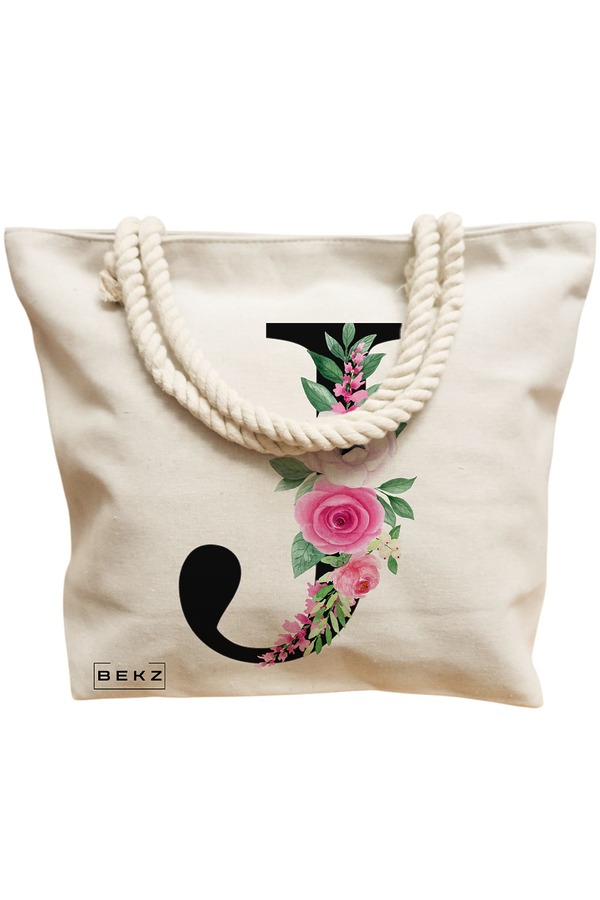 Geanta Canvas Tote pentru femei, Cu litera J si Trandafiri, 40x51 cm, Bej, BEKZ® 12 Cu litera J si Trandafiri