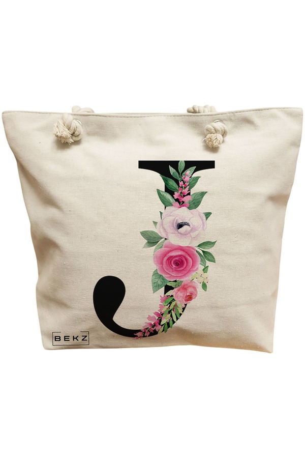 Geanta Canvas Tote pentru femei, Cu litera J si Trandafiri, 40x51 cm, Bej, BEKZ® 11 Geanta Canvas Tote pentru femei