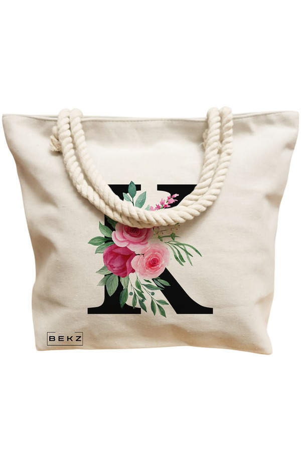 Geanta Canvas Tote pentru femei, Cu litera K si Trandafiri, 40x51 cm, Bej, BEKZ® 12 Cu litera K si Trandafiri
