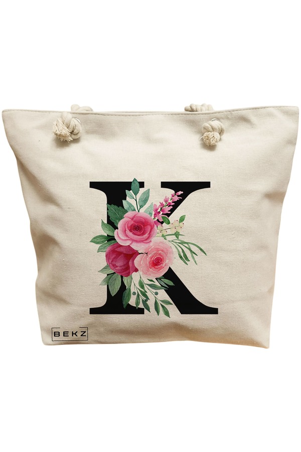 Geanta Canvas Tote pentru femei, Cu litera K si Trandafiri, 40x51 cm, Bej, BEKZ® 11 Geanta Canvas Tote pentru femei