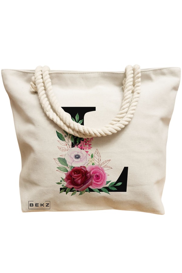 Geanta Canvas Tote pentru femei, Cu litera L si Trandafiri, 40x51 cm, Bej, BEKZ® 12 Cu litera L si Trandafiri