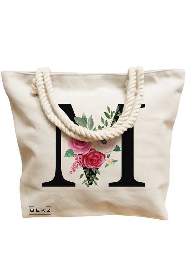Geanta Canvas Tote pentru femei, Cu litera M si Trandafiri, 40x51 cm, Bej, BEKZ® 12 Cu litera M si Trandafiri