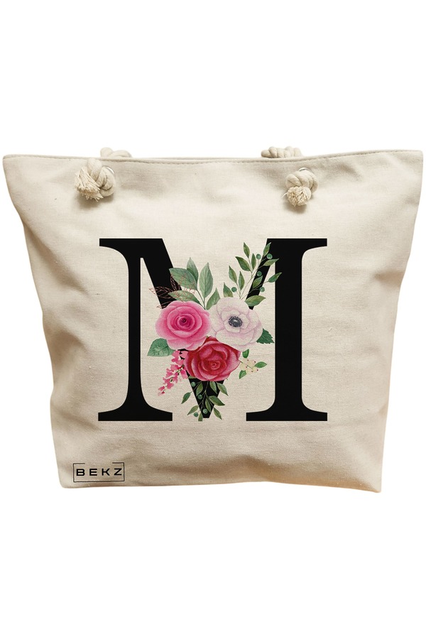 Geanta Canvas Tote pentru femei, Cu litera M si Trandafiri, 40x51 cm, Bej, BEKZ® 11 Geanta Canvas Tote pentru femei