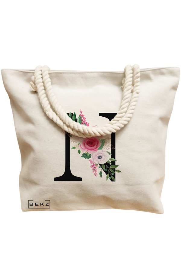 Geanta Canvas Tote pentru femei, Cu litera N si Trandafiri, 40x51 cm, Bej, BEKZ® 12 Cu litera N si Trandafiri
