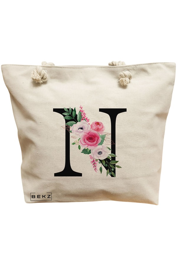 Geanta Canvas Tote pentru femei, Cu litera N si Trandafiri, 40x51 cm, Bej, BEKZ® 11 Geanta Canvas Tote pentru femei