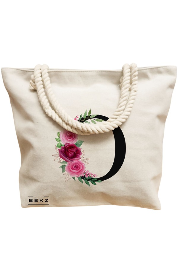 Geanta Canvas Tote pentru femei, Cu litera O si Trandafiri, 40x51 cm, Bej, BEKZ® 12 Cu litera O si Trandafiri