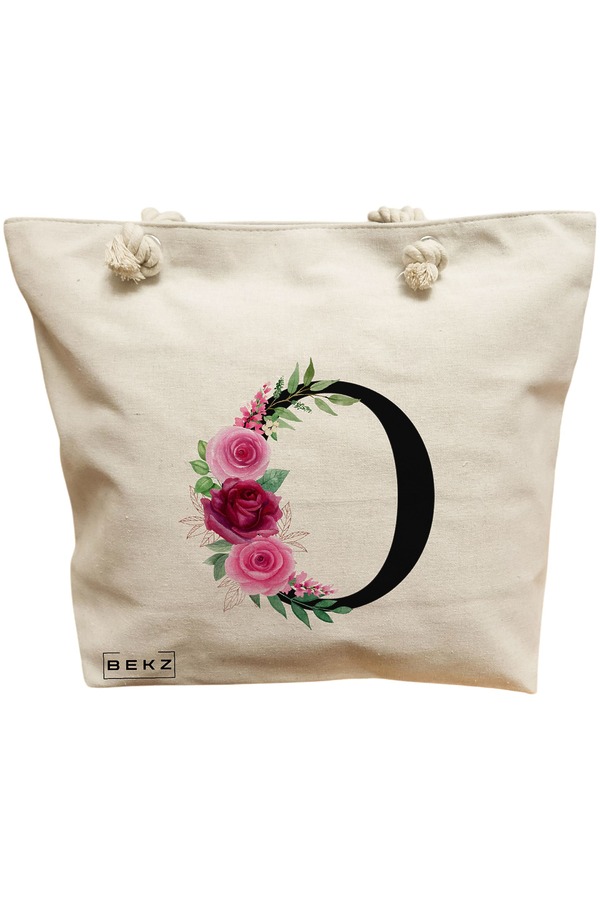 Geanta Canvas Tote pentru femei, Cu litera O si Trandafiri, 40x51 cm, Bej, BEKZ® 11 Geanta Canvas Tote pentru femei