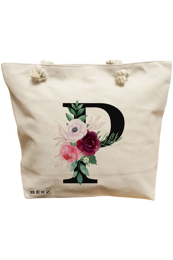 Geanta Canvas Tote pentru femei, Cu litera P si Trandafiri, 40x51 cm, Bej, BEKZ® 11 Geanta Canvas Tote pentru femei