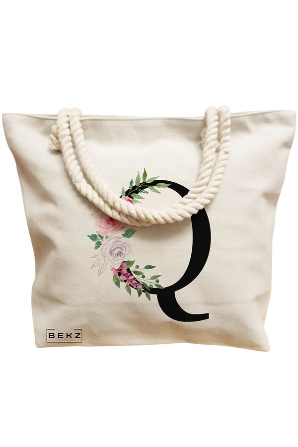 Geanta Canvas Tote pentru femei, Cu litera Q si Trandafiri, 40x51 cm, Bej, BEKZ® 12 Cu litera Q si Trandafiri