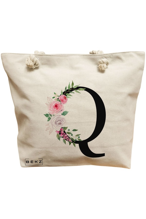 Geanta Canvas Tote pentru femei, Cu litera Q si Trandafiri, 40x51 cm, Bej, BEKZ® 11 Geanta Canvas Tote pentru femei