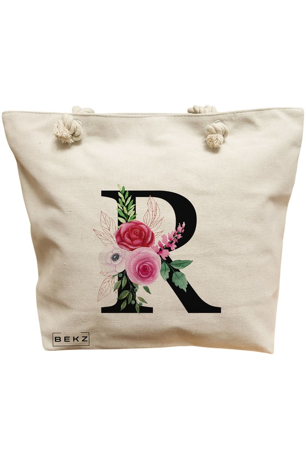 Geanta Canvas Tote pentru femei, Cu litera R si Trandafiri, 40x51 cm, Bej, BEKZ® 11 Geanta Canvas Tote pentru femei