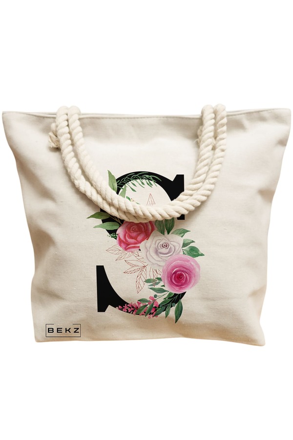 Geanta Canvas Tote pentru femei, Cu litera S si Trandafiri, 40x51 cm, Bej, BEKZ® 12 Cu litera S si Trandafiri