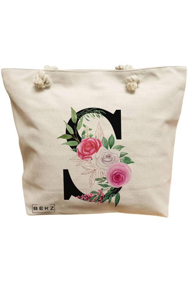 Geanta Canvas Tote pentru femei, Cu litera S si Trandafiri, 40x51 cm, Bej, BEKZ® 11 Geanta Canvas Tote pentru femei