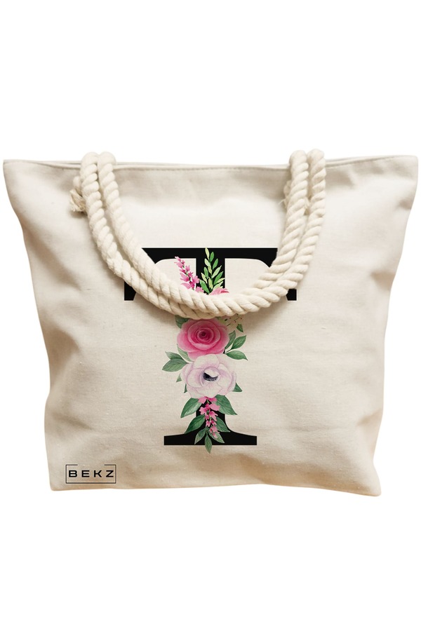 Geanta Canvas Tote pentru femei, Cu litera T si Trandafiri, 40x51 cm, Bej, BEKZ® 12 Cu litera T si Trandafiri