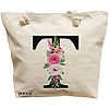 Geanta Canvas Tote pentru femei, Cu litera T si Trandafiri, 40x51 cm, Bej, BEKZ® 16 Geanta Canvas Tote pentru femei