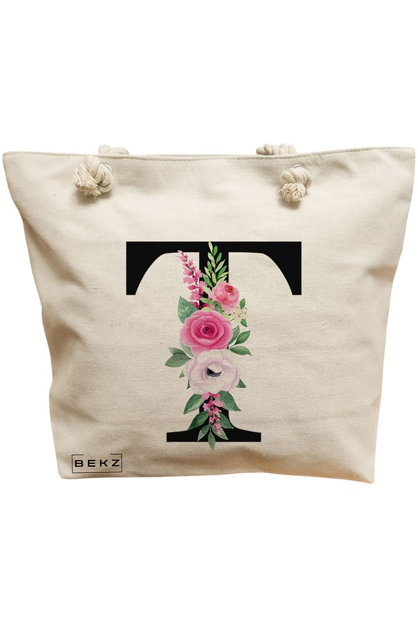 Geanta Canvas Tote pentru femei, Cu litera T si Trandafiri, 40x51 cm, Bej, BEKZ® 11 Geanta Canvas Tote pentru femei