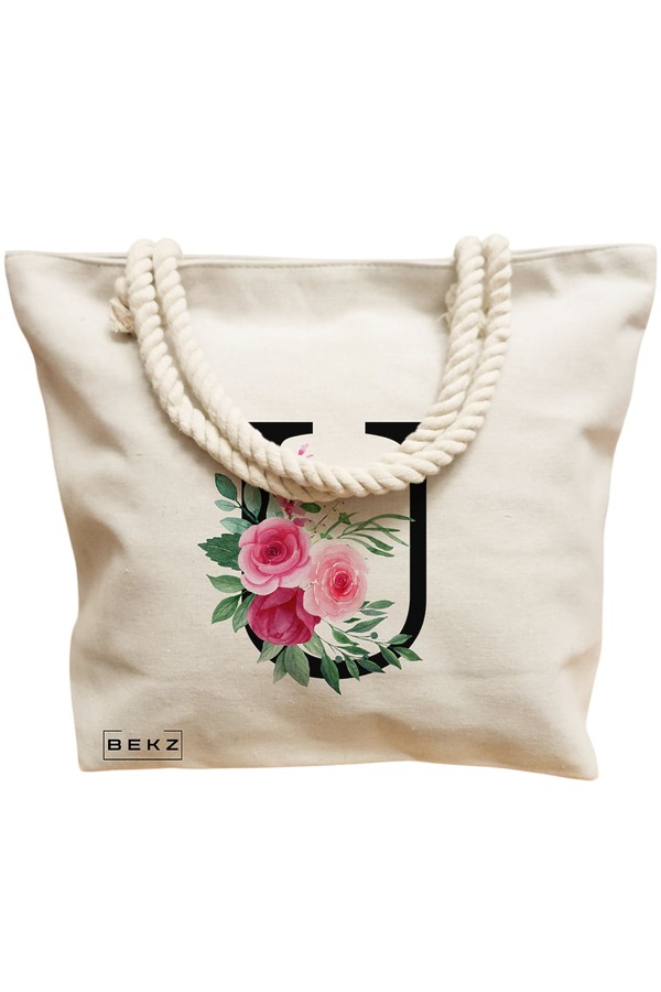 Geanta Canvas Tote pentru femei, Cu litera U si Trandafiri, 40x51 cm, Bej, BEKZ® 12 Cu litera U si Trandafiri