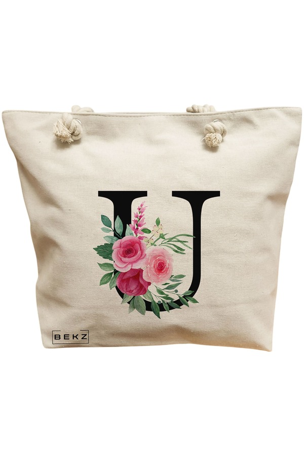 Geanta Canvas Tote pentru femei, Cu litera U si Trandafiri, 40x51 cm, Bej, BEKZ® 11 Geanta Canvas Tote pentru femei