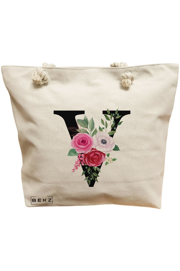 Geanta Canvas Tote pentru femei, Cu litera V si Trandafiri, 40x51 cm, Bej, BEKZ® 11 Geanta Canvas Tote pentru femei