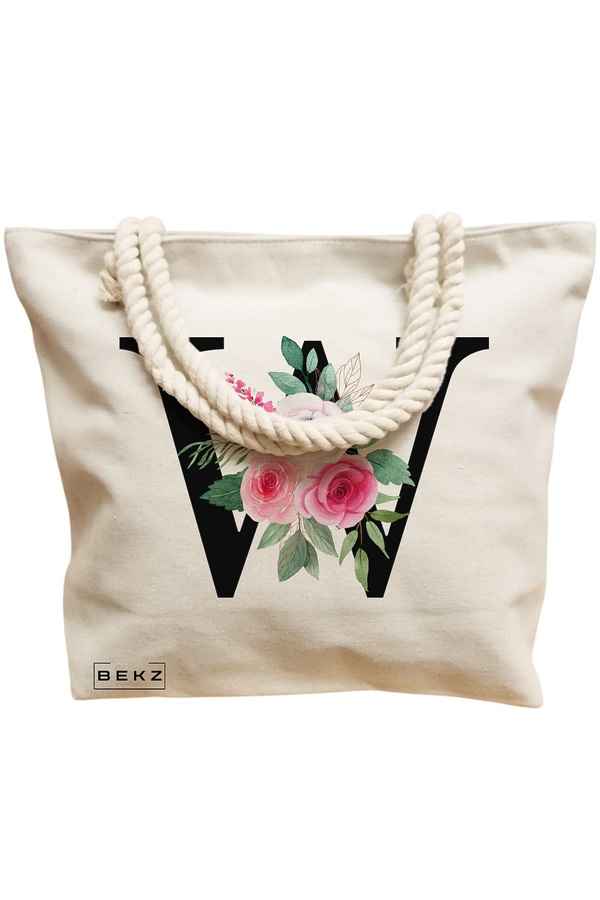 Geanta Canvas Tote pentru femei, Cu litera W si Trandafiri, 40x51 cm, Bej, BEKZ® 12 Cu litera W si Trandafiri