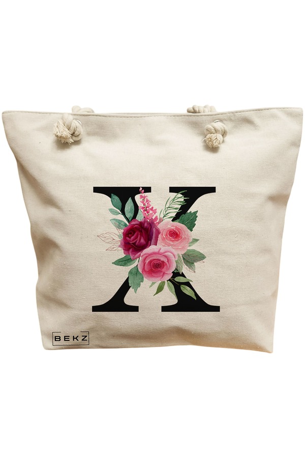 Geanta Canvas Tote pentru femei, Cu litera X si Trandafiri, 40x51 cm, Bej, BEKZ® 11 Geanta Canvas Tote pentru femei