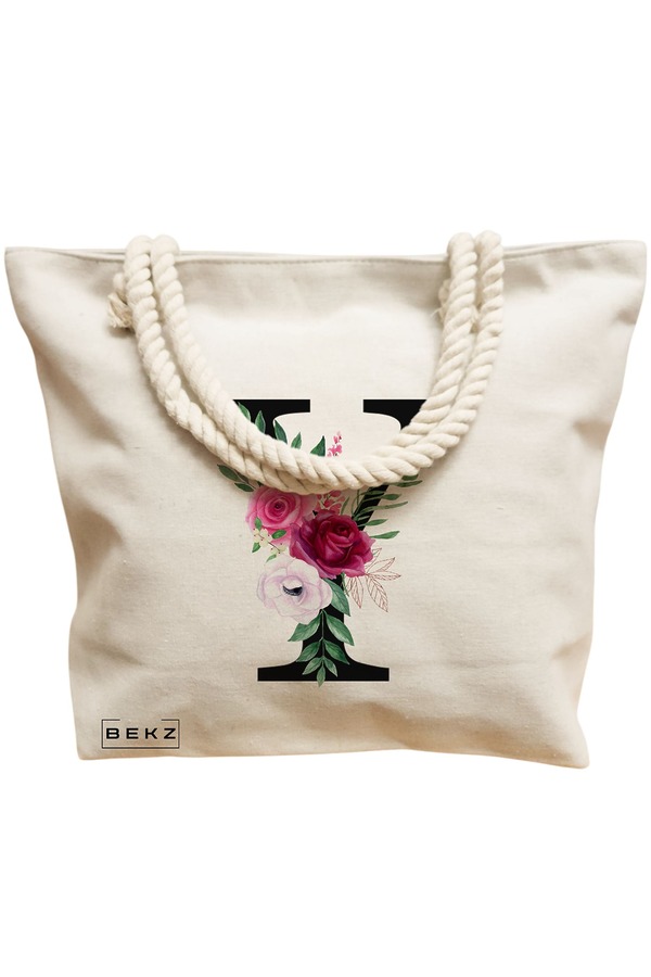 Geanta Canvas Tote pentru femei, Cu litera Y si Trandafiri, 40x51 cm, Bej, BEKZ® 12 Cu litera Y si Trandafiri
