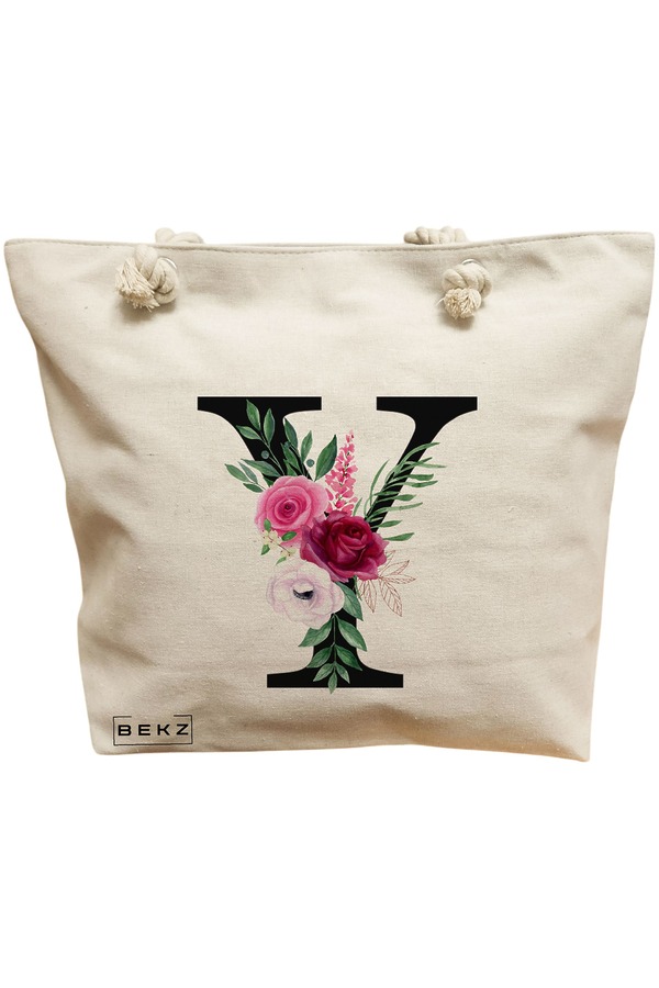 Geanta Canvas Tote pentru femei, Cu litera Y si Trandafiri, 40x51 cm, Bej, BEKZ® 11 Geanta Canvas Tote pentru femei