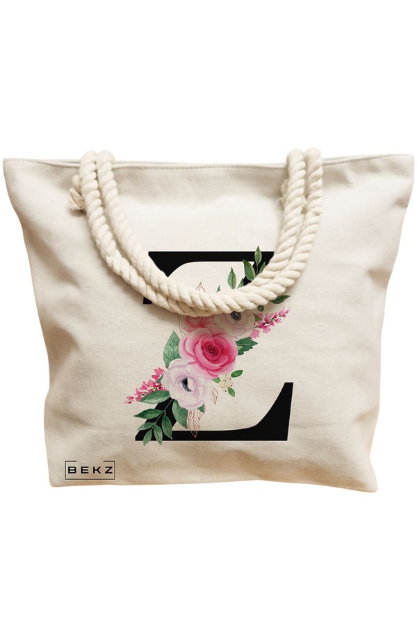 Geanta Canvas Tote pentru femei, Cu litera Z si Trandafiri, 40x51 cm, Bej, BEKZ® 12 Cu litera Z si Trandafiri