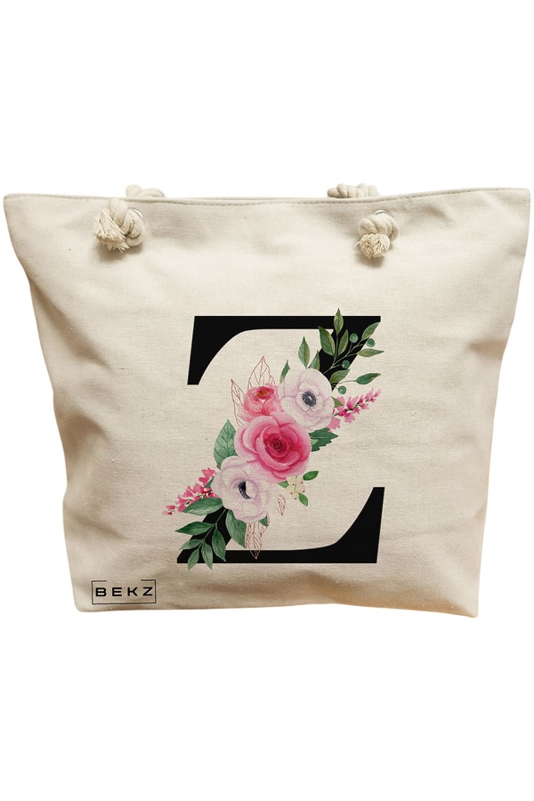 Geanta Canvas Tote pentru femei, Cu litera Z si Trandafiri, 40x51 cm, Bej, BEKZ® 11 Geanta Canvas Tote pentru femei