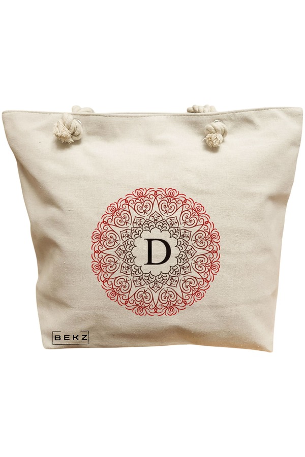 Geanta Canvas Tote pentru femei, Cu litera D si Mandala, 40x51 cm, Bej, BEKZ® 11 Geanta Canvas Tote pentru femei