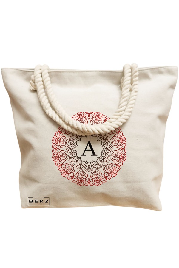 Geanta Canvas Tote pentru femei, Cu litera A si Mandala, 40x51 cm, Bej, BEKZ® 12 Cu litera A si Mandala