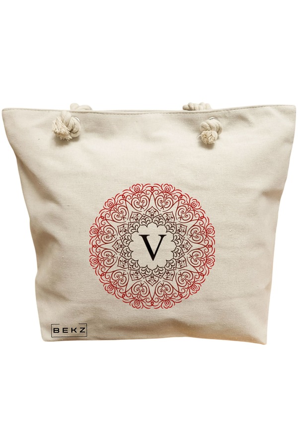 Geanta Canvas Tote pentru femei, Cu litera V si Mandala, 40x51 cm, Bej, BEKZ® 11 Geanta Canvas Tote pentru femei