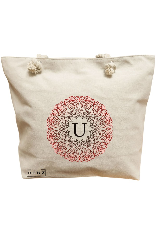 Geanta Canvas Tote pentru femei, Cu litera U si Mandala, 40x51 cm, Bej, BEKZ® 11 Geanta Canvas Tote pentru femei