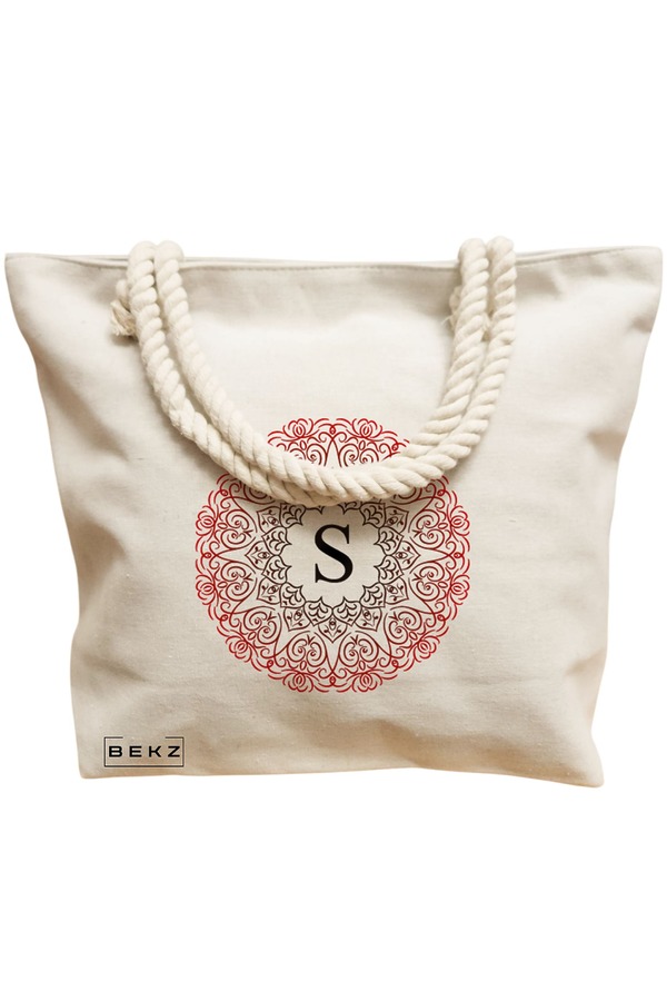 Geanta Canvas Tote pentru femei, Cu litera S si Mandala, 40x51 cm, Bej, BEKZ® 12 Cu litera S si Mandala