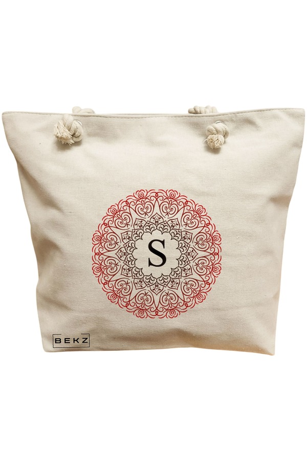 Geanta Canvas Tote pentru femei, Cu litera S si Mandala, 40x51 cm, Bej, BEKZ® 11 Geanta Canvas Tote pentru femei