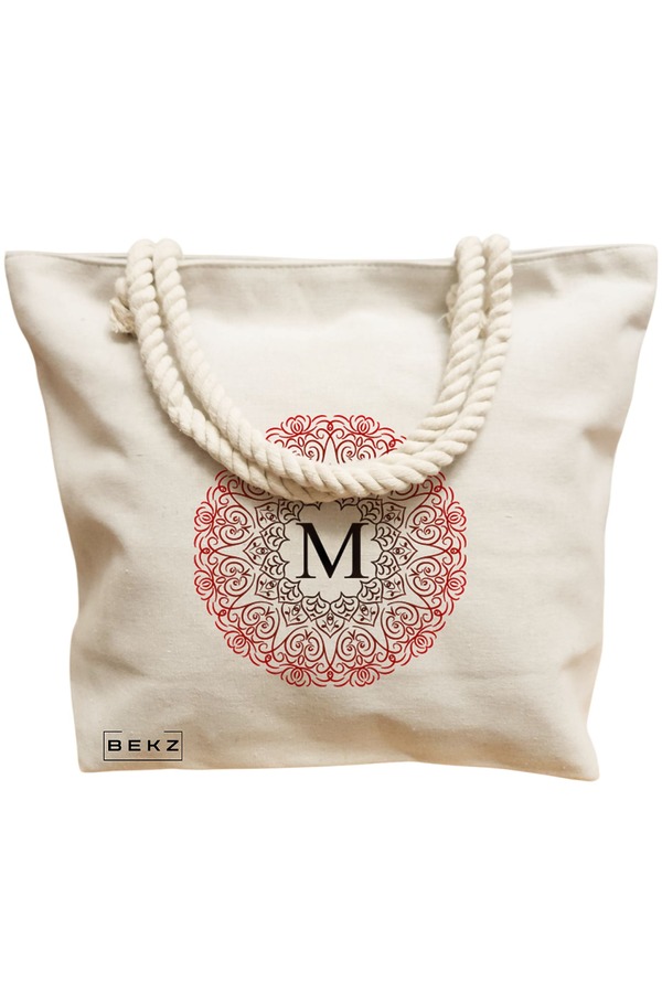 Geanta Canvas Tote pentru femei, Cu litera M si Mandala, 40x51 cm, Bej, BEKZ® 12 Cu litera M si Mandala