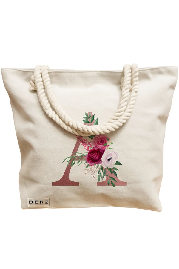 Geanta Canvas Tote pentru femei, Cu litera A Rose Gold si Trandafiri, 40x51 cm, Bej, BEKZ® 12 Cu litera A Rose Gold si Trandafiri