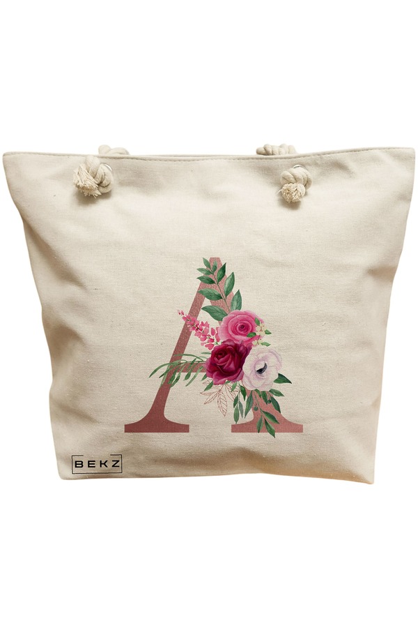 Geanta Canvas Tote pentru femei, Cu litera A Rose Gold si Trandafiri, 40x51 cm, Bej, BEKZ® 11 Geanta Canvas Tote pentru femei