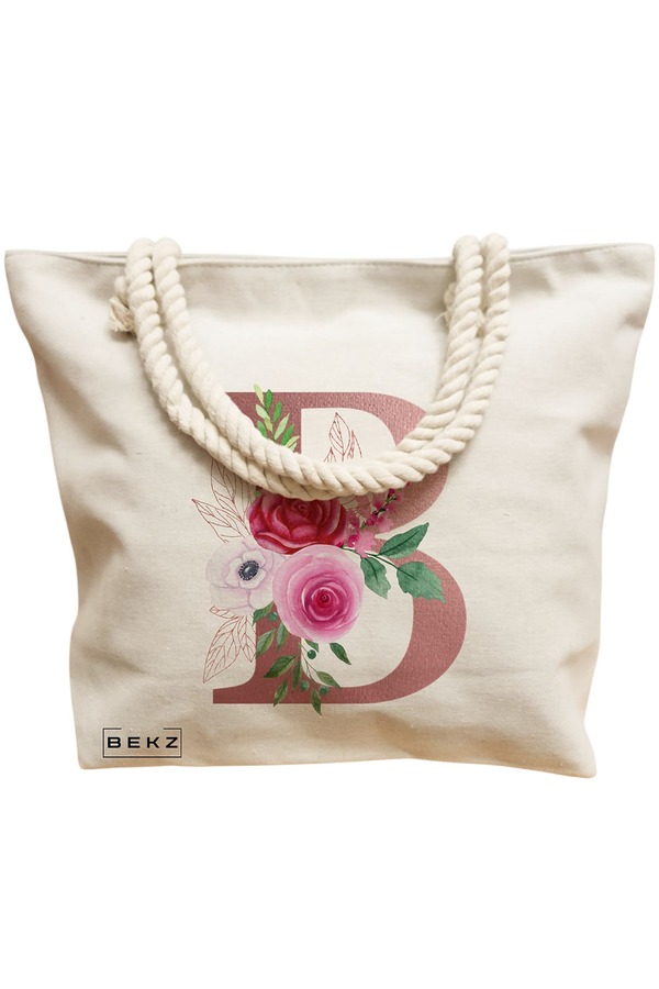 Geanta Canvas Tote pentru femei, Cu litera B Rose Gold si Trandafiri, 40x51 cm, Bej, BEKZ® 12 Cu litera B Rose Gold si Trandafiri