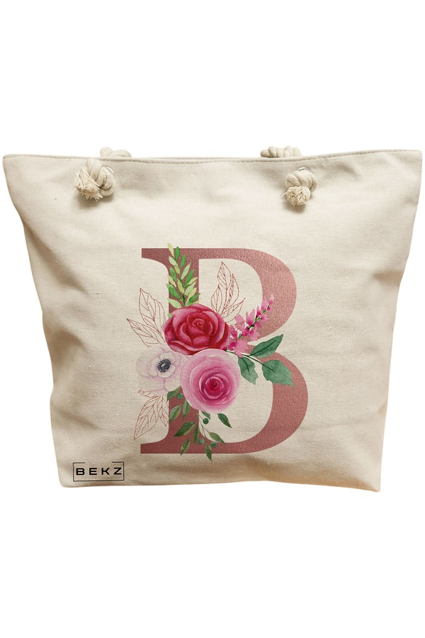 Geanta Canvas Tote pentru femei, Cu litera B Rose Gold si Trandafiri, 40x51 cm, Bej, BEKZ® 11 Geanta Canvas Tote pentru femei