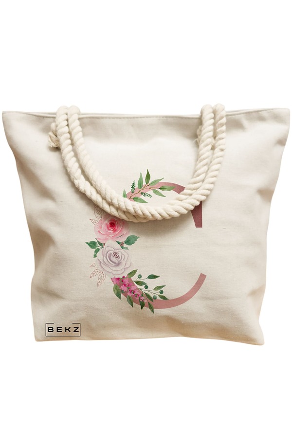 Geanta Canvas Tote pentru femei, Cu litera C Rose Gold si Trandafiri, 40x51 cm, Bej, BEKZ® 12 Cu litera C Rose Gold si Trandafiri