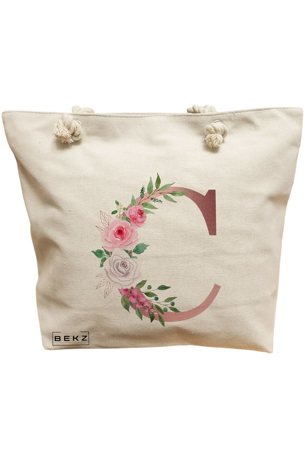 Geanta Canvas Tote pentru femei, Cu litera C Rose Gold si Trandafiri, 40x51 cm, Bej, BEKZ® 11 Geanta Canvas Tote pentru femei
